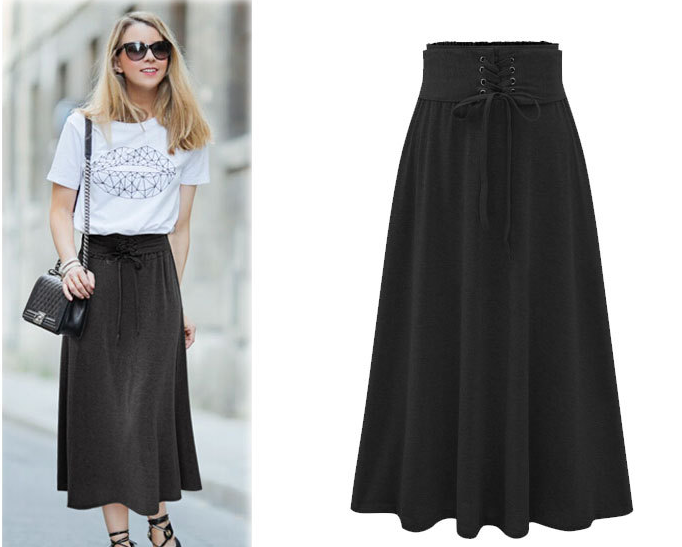 Lace Up Elastic Solid Pleated Long Skirt - May Your Fashion - 5