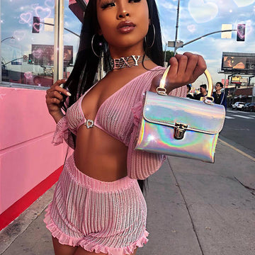 Deep V-neck Crop Top Ruffle Shorts Set