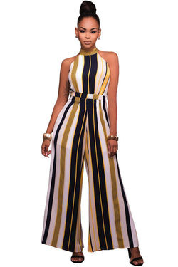 Bear Shoulder Striped High Neck Sleeveless Long Jumpsuit – May Your Fashion
