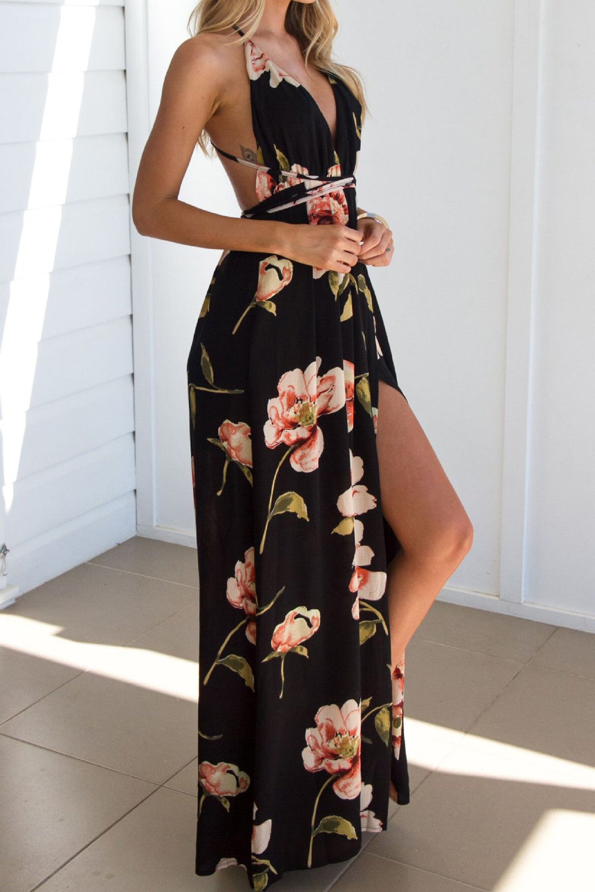 Spaghetti Straps V-neck Flower Print Long Split Dress