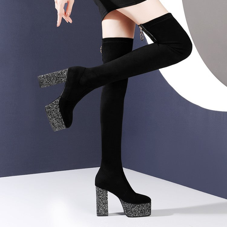 Black Stretch Platform Chunky Heel Over Knee Boots