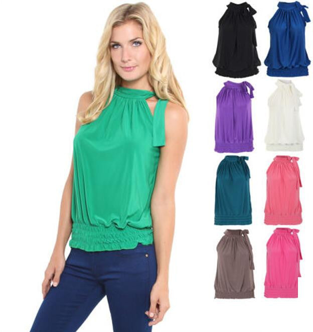 Sexy Pleated Elastic Lace Up Oblique Neck Blouse 