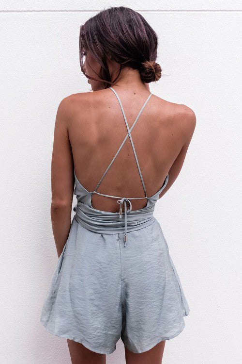 Pure Color Bear Shoulder Backless Cut Out Short Jumpsuit