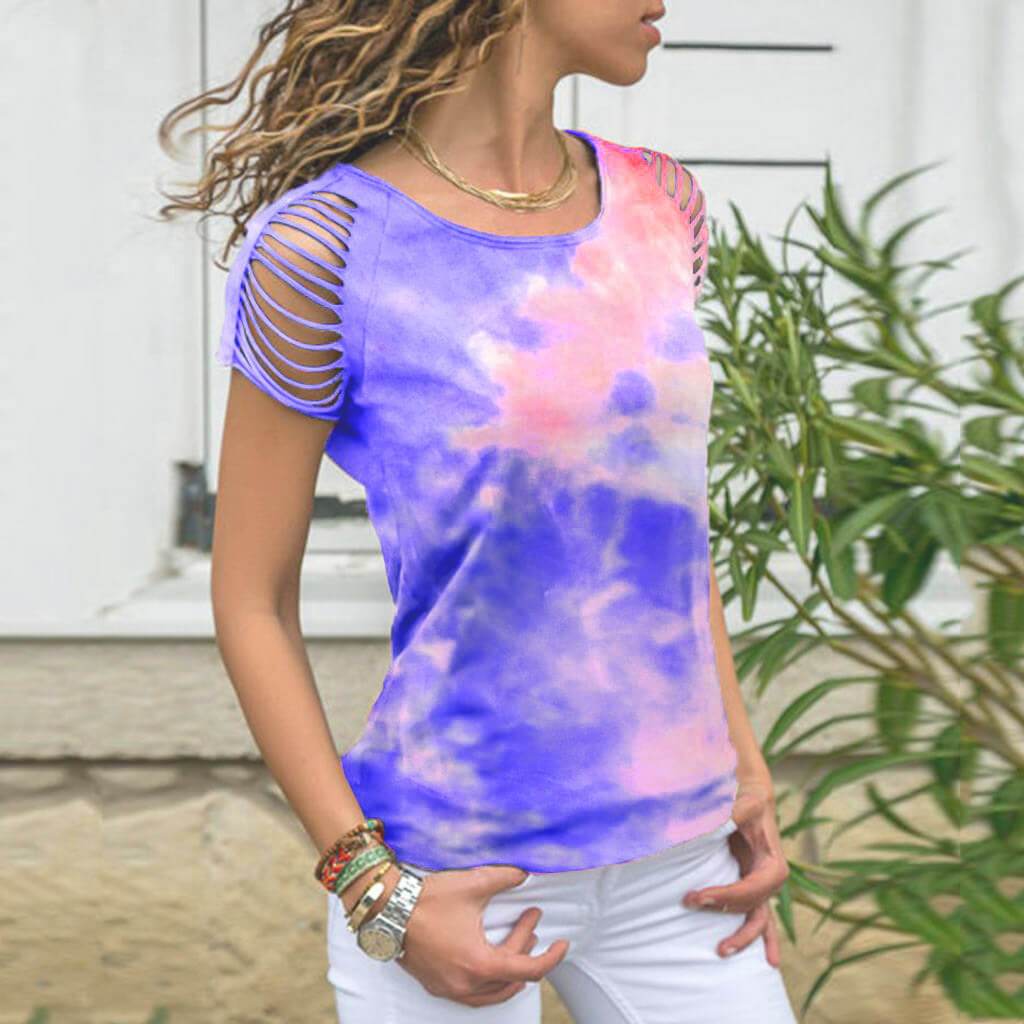 Summer Tie Dye Short Sleeve Cutout Loose T-shirts
