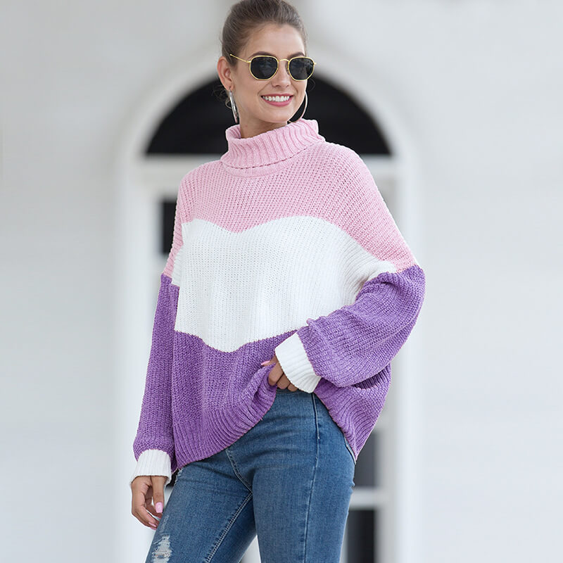 Turtleneck Colorblock Knit Chenille Sweater