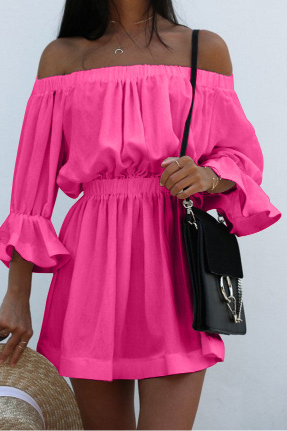 Off Shoulder Trumpet Half Sleeves Pure Color Short Dress