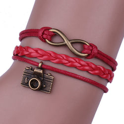 Camera Red Leather Cord Woven Bracelet