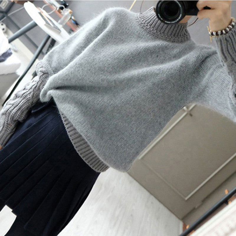 High Neck Cable Pullover Solid Color Sweater 