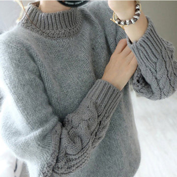 High Neck Cable Pullover Solid Color Sweater 