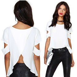 Scoop Short Sleeves Cutting Backless Split Chiffon Falbala Blouse