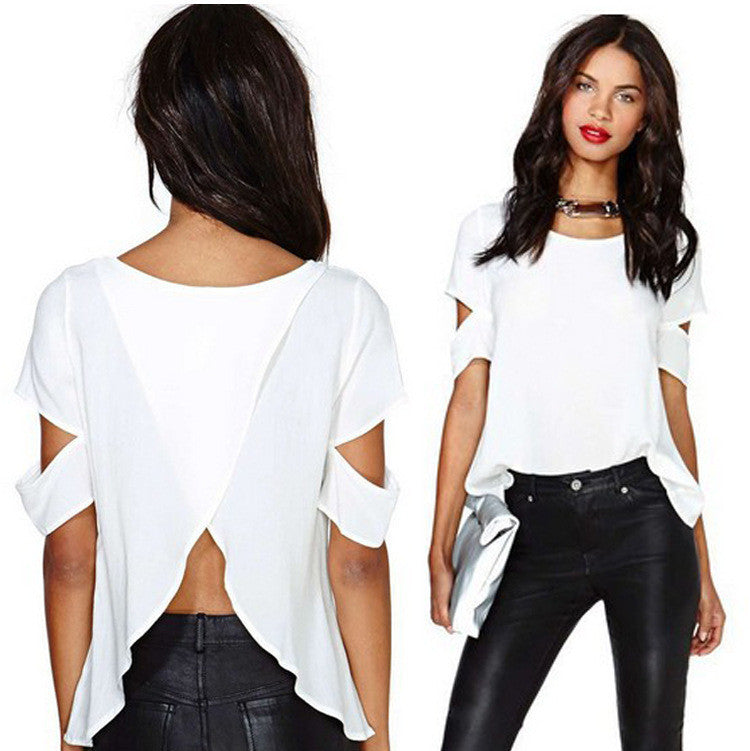 Scoop Short Sleeves Cutting Backless Split Chiffon Falbala Blouse