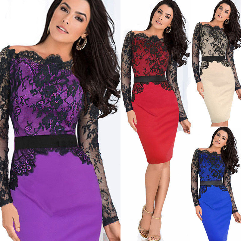 Off-shoulder Lace Patchwork Long Sleeves Hollow Out Knee-length Dress
