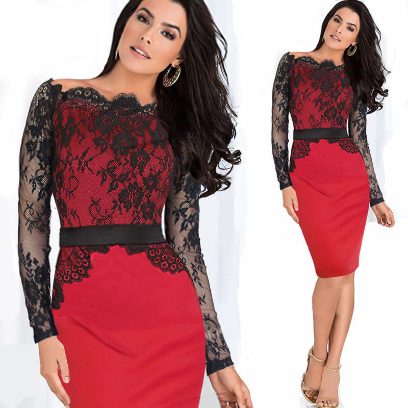 Off-shoulder Lace Patchwork Long Sleeves Hollow Out Knee-length Dress