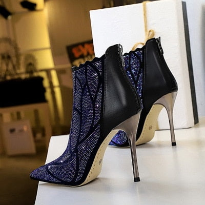 Party Black Pointed Toe Rhinestone Ankle Boots