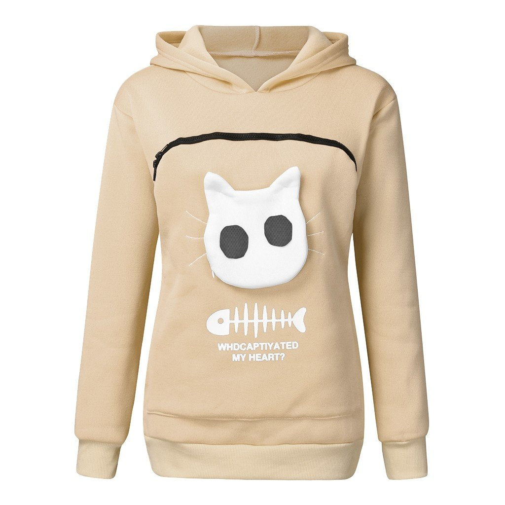 Winter Women Hooded Sweatshirts Women'S Sweatshirt Animal Pouch Hood Tops Carry Cat Breathable Pullover Sweatshirts
