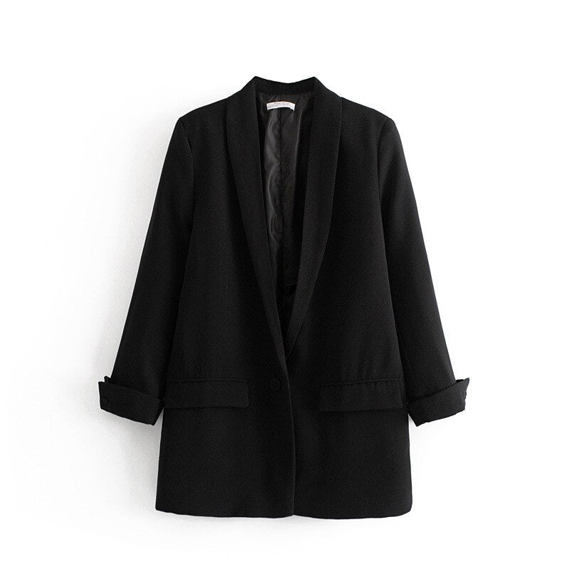 Women Solid Color Long Blazer Jacket Pleated Sleeve Loose Coat Office Lady Work Style Small Suit Single Button Blazer