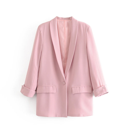 Women Solid Color Long Blazer Jacket Pleated Sleeve Loose Coat Office Lady Work Style Small Suit Single Button Blazer