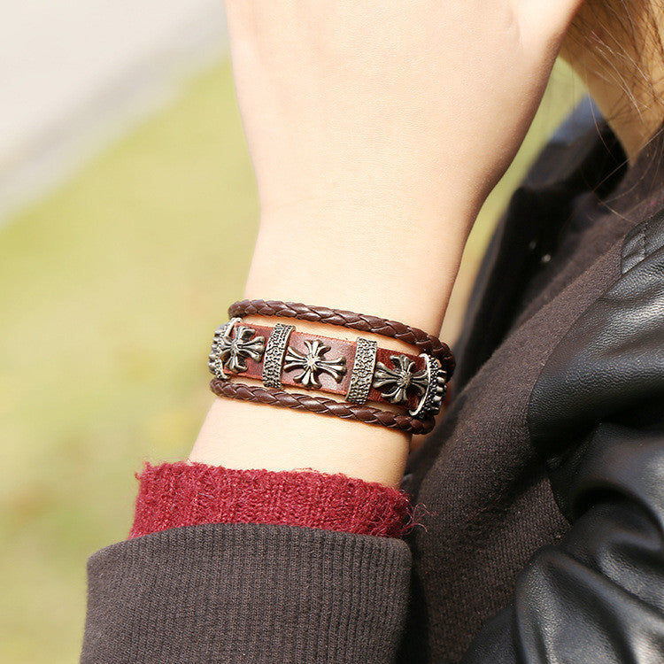 Fashoin Cross Beaded Leather Bracelet