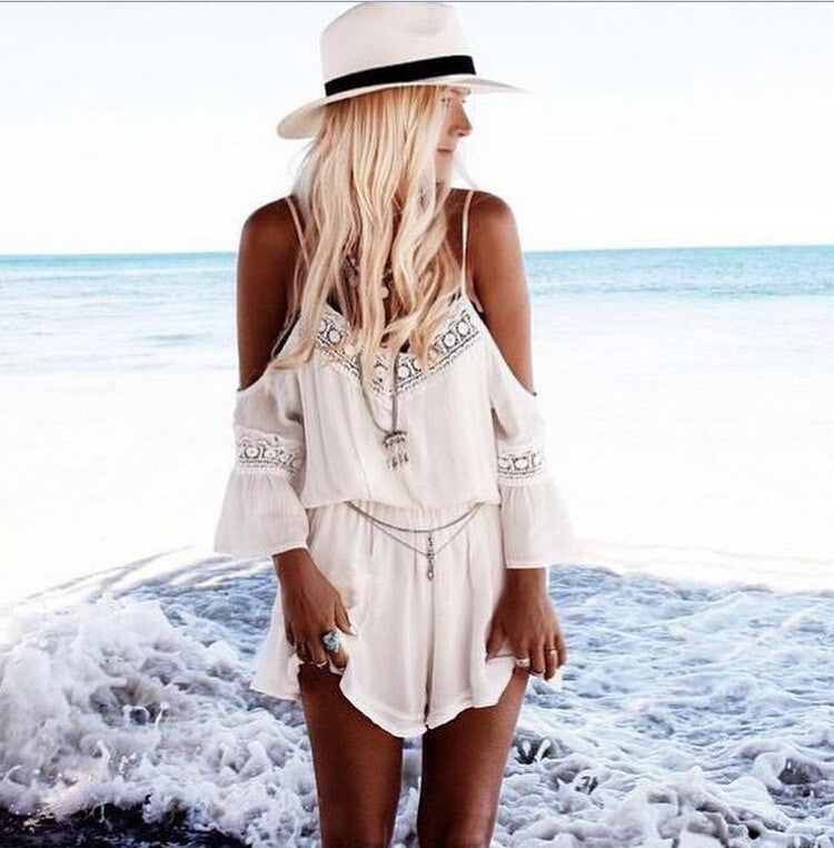 Dew Shoulder V Neck Chiffon Lace Long Sleeve Short Jumpsuit
