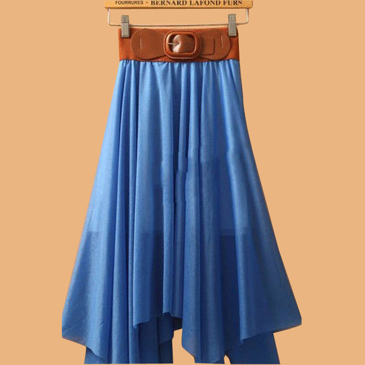 Chiffon Irregular Bohemian Flare Pleated Beach Middle Belt Skirt - May Your Fashion - 10