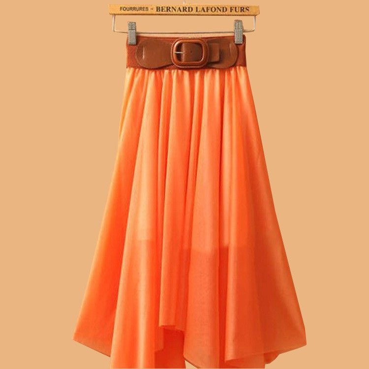Chiffon Irregular Bohemian Flare Pleated Beach Middle Belt Skirt - May Your Fashion - 9