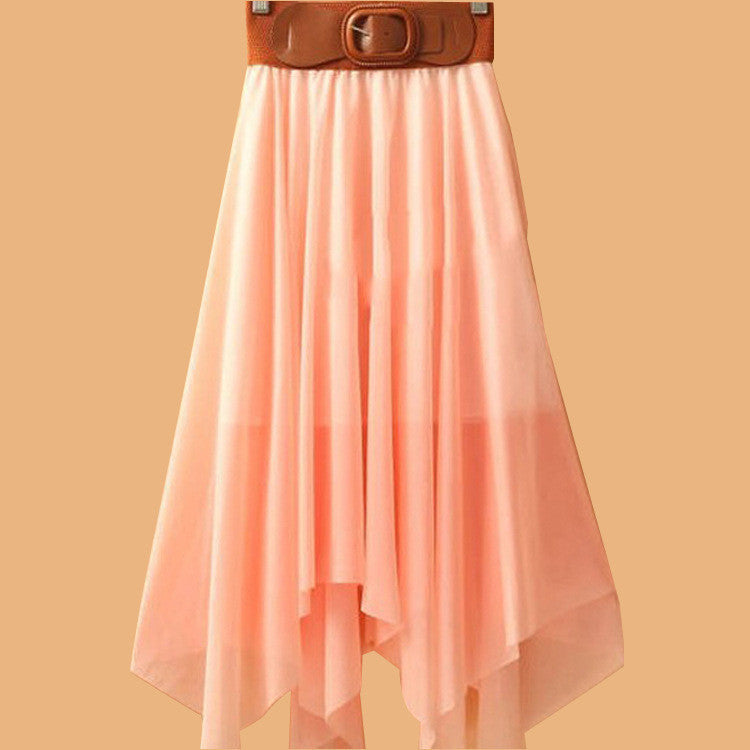 Chiffon Irregular Bohemian Flare Pleated Beach Middle Belt Skirt - May Your Fashion - 7