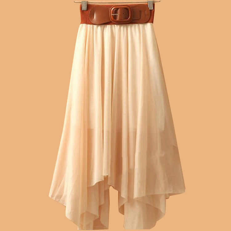 Chiffon Irregular Bohemian Flare Pleated Beach Middle Belt Skirt - May Your Fashion - 6