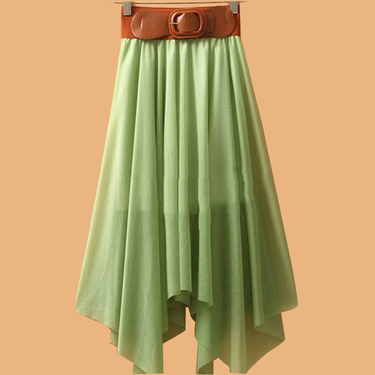 Chiffon Irregular Bohemian Flare Pleated Beach Middle Belt Skirt - May Your Fashion - 5
