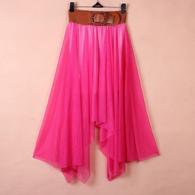 Chiffon Irregular Bohemian Flare Pleated Beach Middle Belt Skirt - May Your Fashion - 4