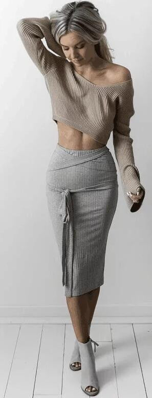 Sexy Khaki Long Sleeve Crop Top Sweater