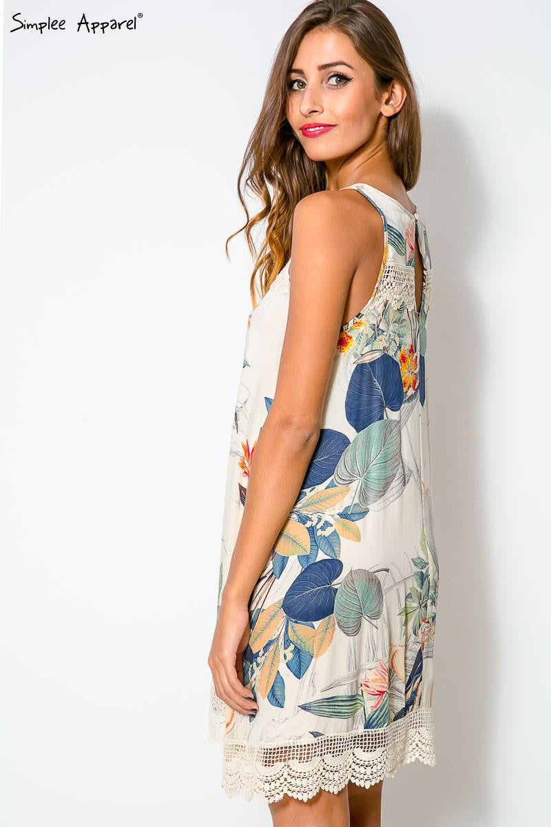 Sleeveless Irregular Print Lace O-neck Short Dress