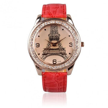 Fashion Chic Girl Ladies Eiffel Tower Dial Crystal Quartz Watch Gift Wristwatch Red Strap