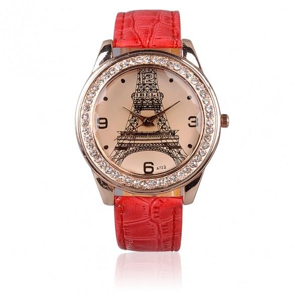 Fashion Chic Girl Ladies Eiffel Tower Dial Crystal Quartz Watch Gift Wristwatch Red Strap
