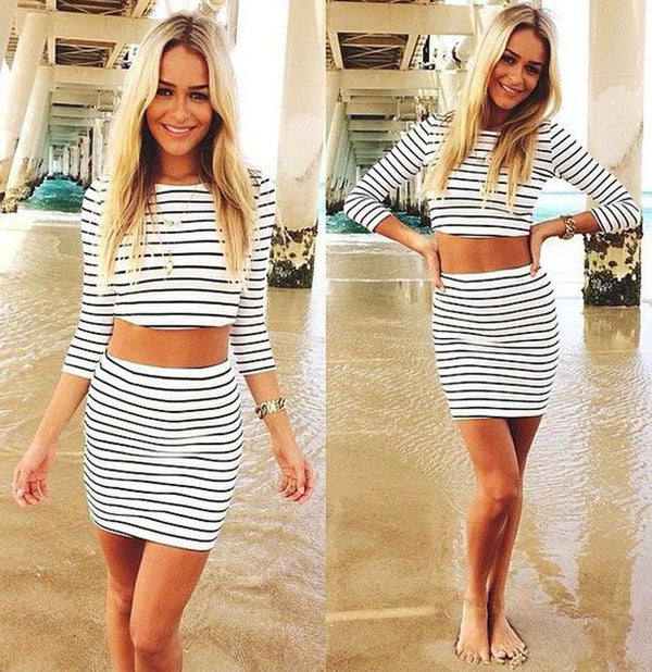 Fashion Long Sleeves Crop Top Striped Stretch Skirt Dress Set