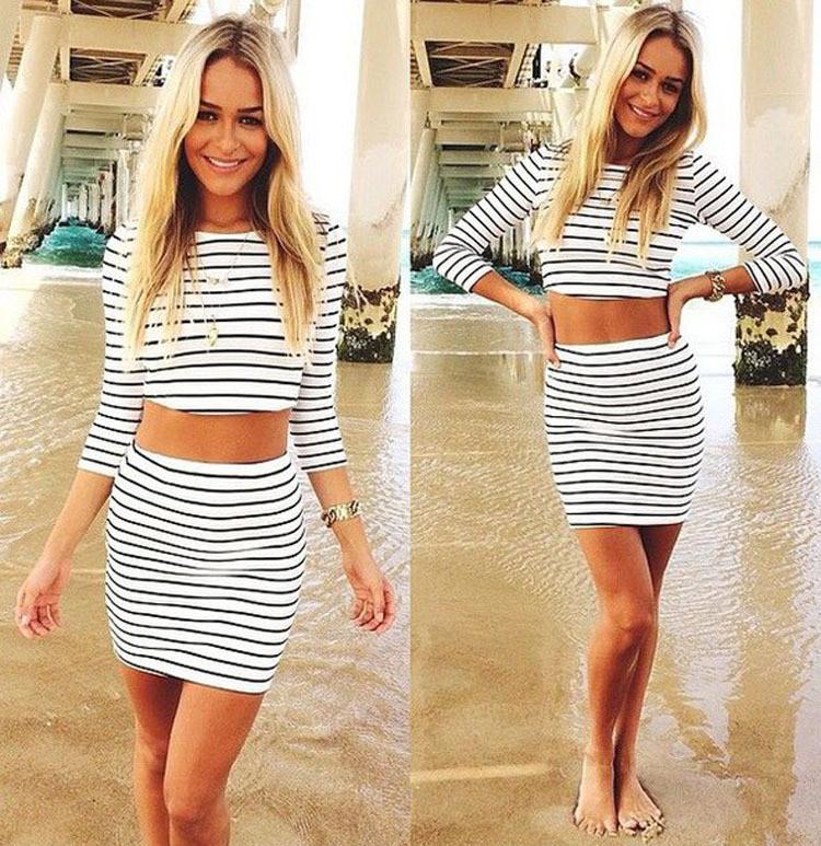 Fashion Long Sleeves Crop Top Striped Stretch Skirt Dress Set