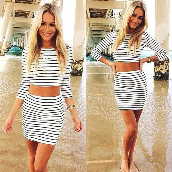 Fashion Long Sleeves Crop Top Striped Stretch Skirt Dress Set