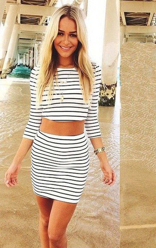 Fashion Long Sleeves Crop Top Striped Stretch Skirt Dress Set