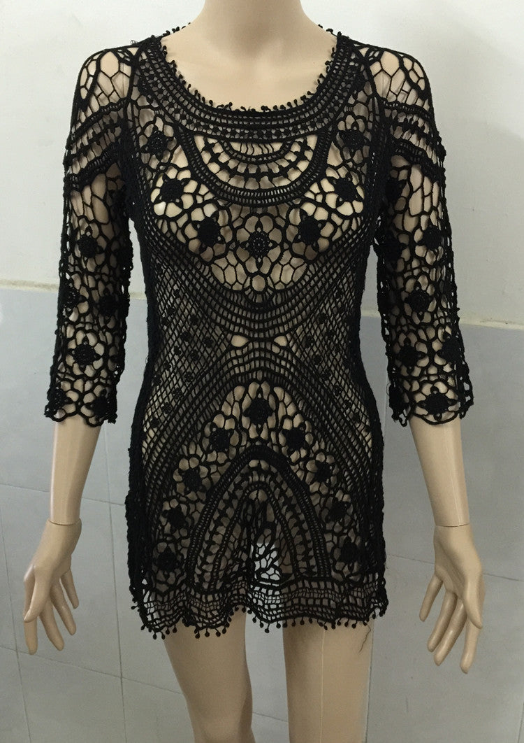 Pure Color Crocheting Lace Hollow Out Short Beach Cover Up Dress