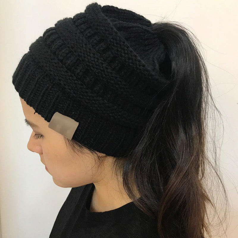 Women's Winter Outdoor Warm Wool Hat Empty Top Horsetail Knitted Hat