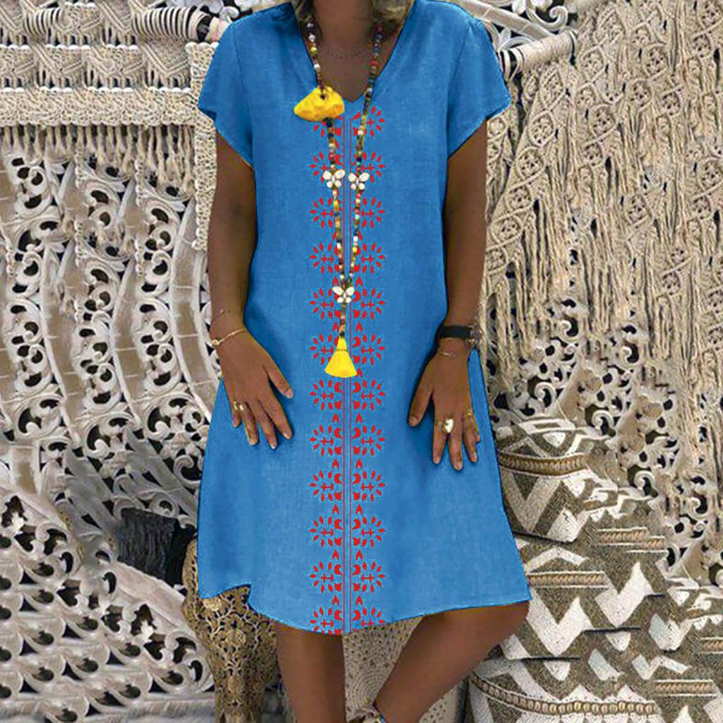 Summer Plus Size Short Sleeve V Neck Print Dress