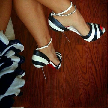 Leather Peep Toe Stripes High Heel Sandals