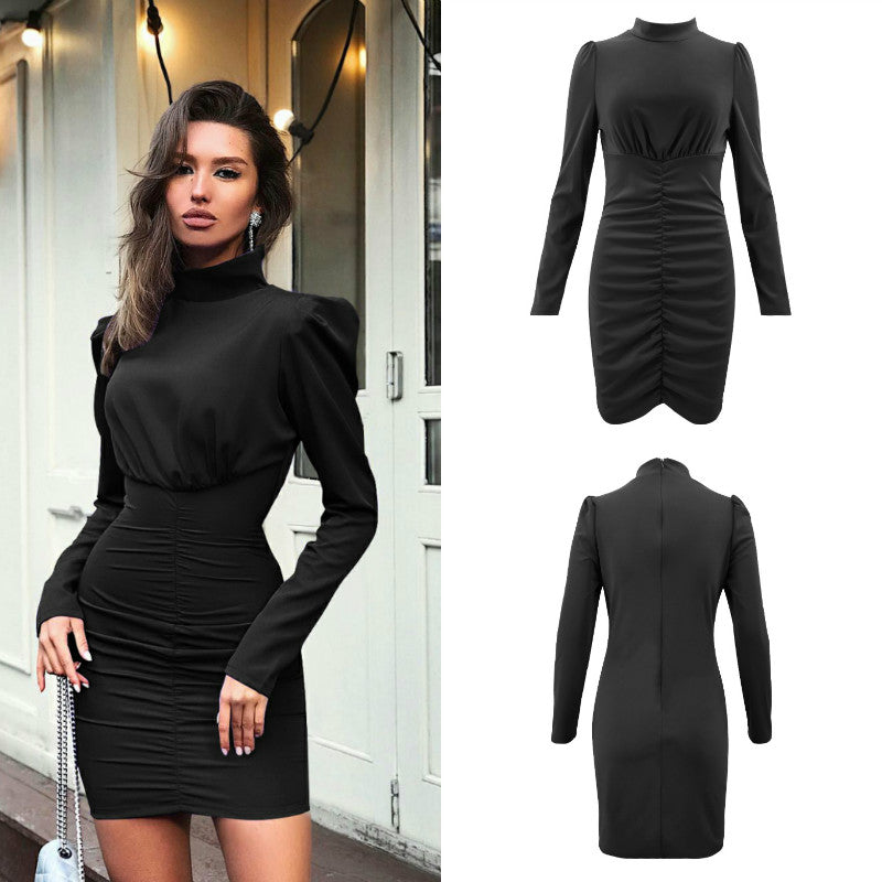 Turtleneck Empire Waist Ruched Dress