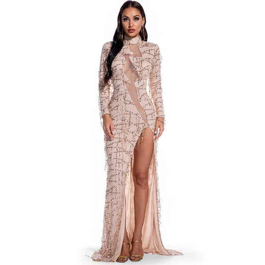 Sexy Vintage Long Sleeve Perspective Sequin Dress