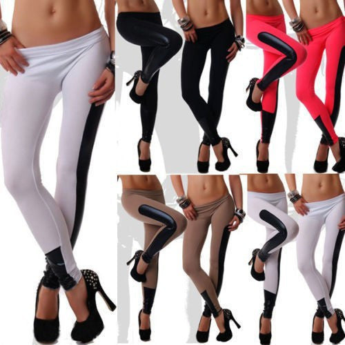 Silk Low Waist Pu Patchwork 9/10 Skinny Sport Yoga Leggings