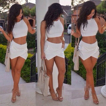 Scoop Sleeveless Crop Top Cross Wrap Skirt Club Dress Set