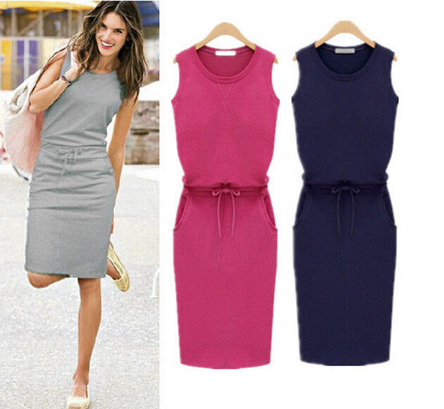 Scoop Slim Bodycon Solid Sleeveless Lace Up Knee-length Dress