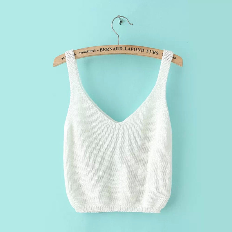 Knitting Spaghetti Strap V-neck Pure Color Vest - May Your Fashion - 2