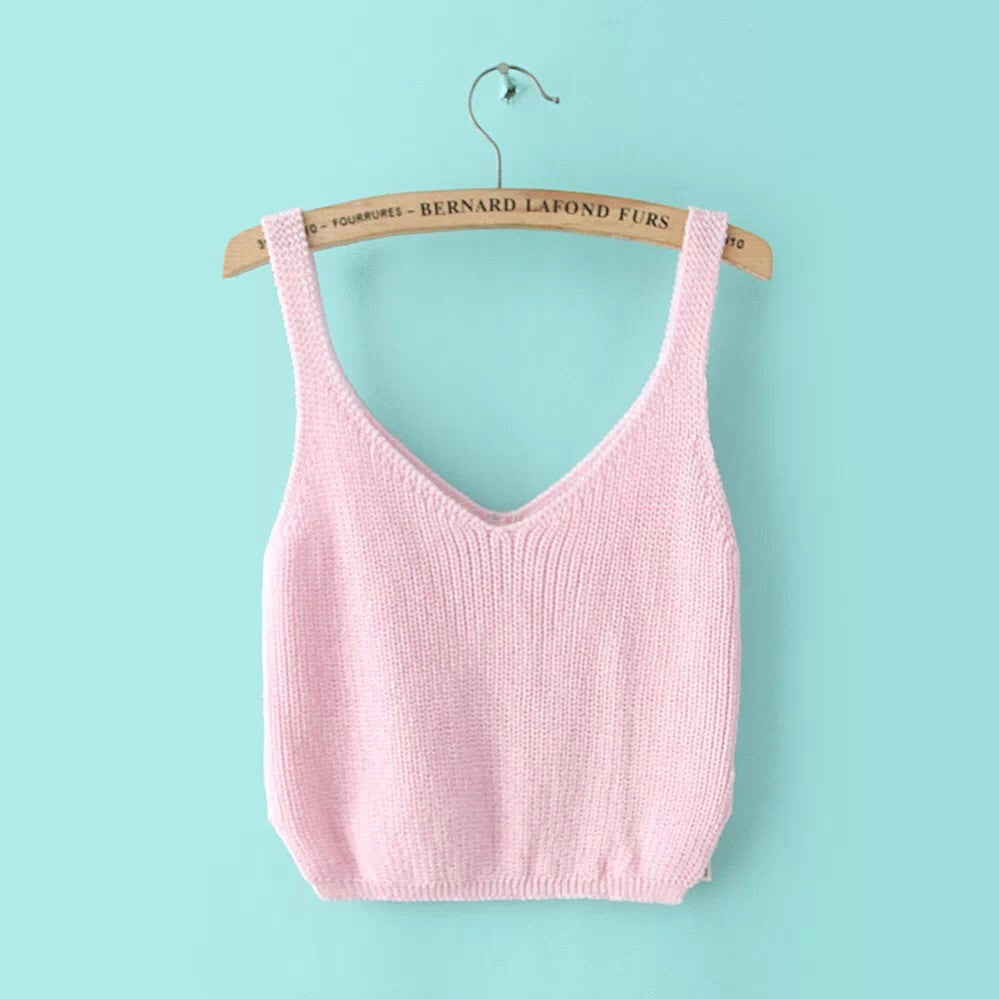 Knitting Spaghetti Strap V-neck Pure Color Vest - May Your Fashion - 7
