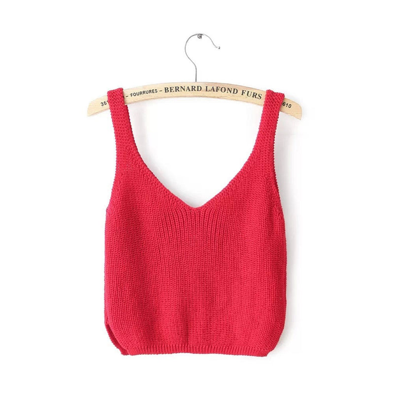 Knitting Spaghetti Strap V-neck Pure Color Vest - May Your Fashion - 4
