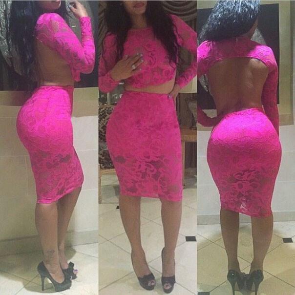 Sexy Pure Color Backless Lace Flower Hollow Long Sleeve Party Dress - Meet Yours Fashion - 1